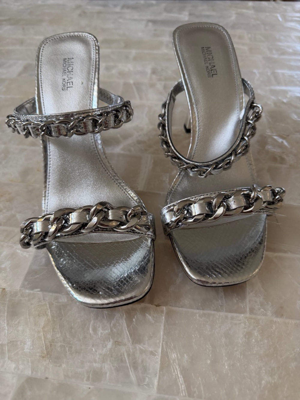 MICHAEL Michael Kors Metallic Silver Chain-Trim Slide Mules